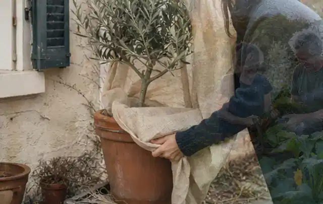 Person umhüllt eine mediterrane Kübelpflanze mit atmungsaktivem Winterschutz; Thema Petunien, Schwerpunkt Topfkultur; Ergebnis.