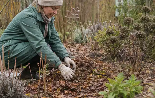 Person verteilt eine schützende Mulchschicht zwischen winterlichen Stauden; Thema Petunien, Schwerpunkt Vermehrung; Ausgangslage.