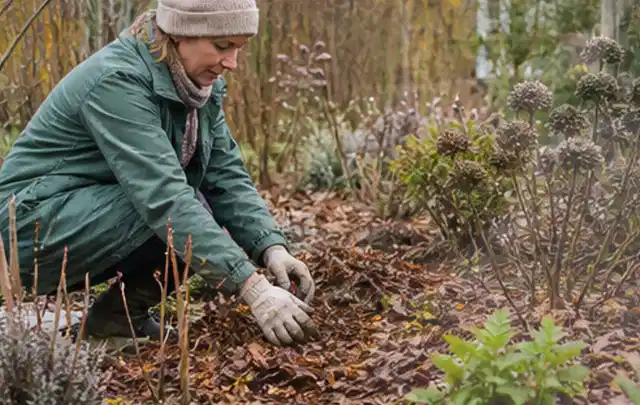 Person verteilt eine schützende Mulchschicht zwischen winterlichen Stauden; Thema Petunien, Schwerpunkt Wachstum; Praxisalltag.