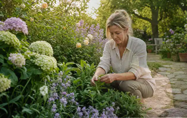 Person pflegt üppige Pflanzen in einem natürlich beleuchteten Garten; Thema Pfingstrosen, Schwerpunkt Bewässerung; Umsetzung.