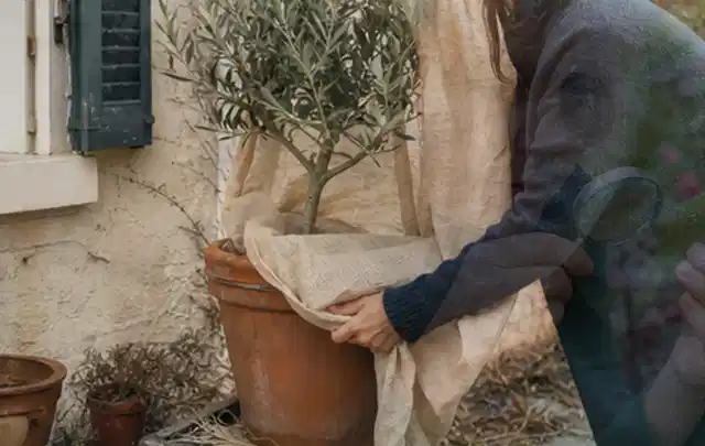 Person umhüllt eine mediterrane Kübelpflanze mit atmungsaktivem Winterschutz; Thema Pfingstrosen, Schwerpunkt Bewässerung; Ergebnis.