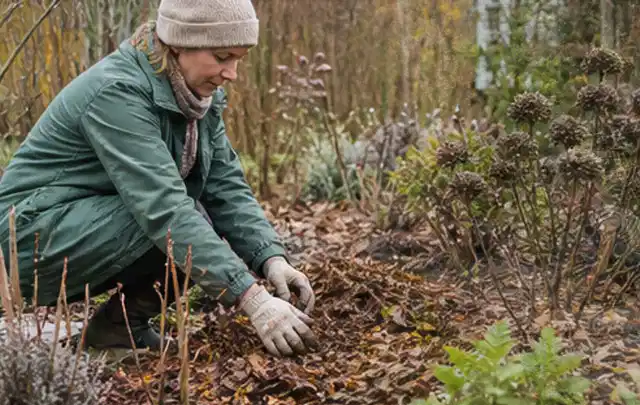 Person verteilt eine schützende Mulchschicht zwischen winterlichen Stauden; Thema Pfingstrosen, Schwerpunkt Blumen; Ausgangslage.