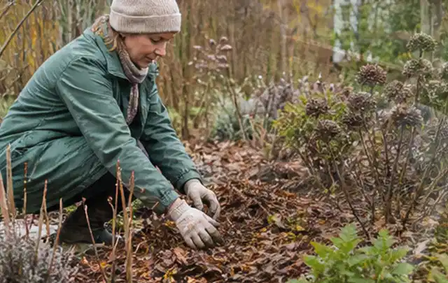 Person verteilt eine schützende Mulchschicht zwischen winterlichen Stauden; Thema Pfingstrosen, Schwerpunkt Boden; Ergebnis.