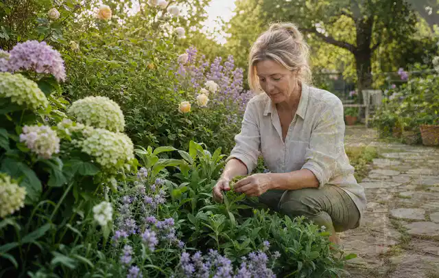 Person pflegt üppige Pflanzen in einem natürlich beleuchteten Garten; Thema Pfingstrosen, Schwerpunkt Düngung; Kontrolle.
