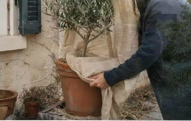 Person umhüllt eine mediterrane Kübelpflanze mit atmungsaktivem Winterschutz; Thema Pfingstrosen, Schwerpunkt Einsteigerwissen; Ergebnis.