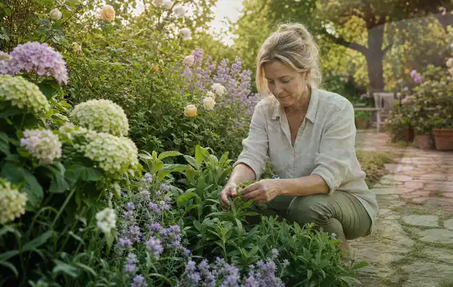 Person pflegt üppige Pflanzen in einem natürlich beleuchteten Garten; Thema Pfingstrosen, Schwerpunkt Einsteigerwissen; Praxisalltag.