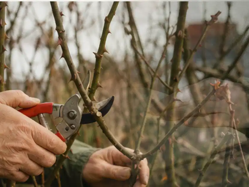 Hände schneiden einen älteren Rosenstrauch mit einer sauberen Gartenschere; Thema Pfingstrosen, Schwerpunkt Fehlerhilfe; Titelbild.