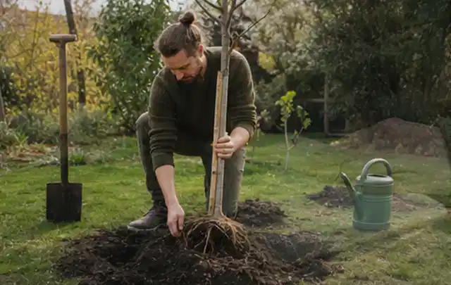 Person setzt einen jungen Zierbaum in ein vorbereitetes Pflanzloch im Garten; Thema Pfingstrosen, Schwerpunkt Fehlerhilfe; Ausgangslage.