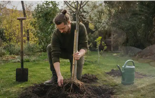 Person setzt einen jungen Zierbaum in ein vorbereitetes Pflanzloch im Garten; Thema Pfingstrosen, Schwerpunkt Gartenpraxis; Umsetzung.