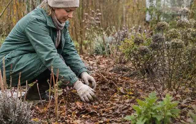 Person verteilt eine schützende Mulchschicht zwischen winterlichen Stauden; Thema Pfingstrosen, Schwerpunkt Kaufberatung; Ausgangslage.