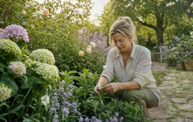 Person pflegt üppige Pflanzen in einem natürlich beleuchteten Garten; Thema Pfingstrosen, Schwerpunkt Pflanzengesundheit; Umsetzung.
