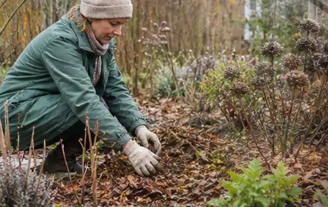 Person verteilt eine schützende Mulchschicht zwischen winterlichen Stauden; Thema Pfingstrosen, Schwerpunkt Pflanzengesundheit; Kontrolle.