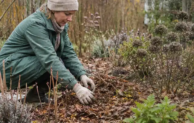 Person verteilt eine schützende Mulchschicht zwischen winterlichen Stauden; Thema Pfingstrosen, Schwerpunkt Pflanzpartner; Praxisalltag.