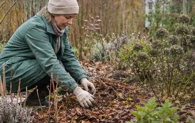 Person verteilt eine schützende Mulchschicht zwischen winterlichen Stauden; Thema Pfingstrosen, Schwerpunkt Problemlösung; Ausgangslage.