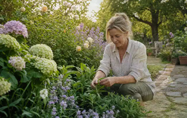 Person pflegt üppige Pflanzen in einem natürlich beleuchteten Garten; Thema Pfingstrosen, Schwerpunkt Rückschnitt; Ausgangslage.