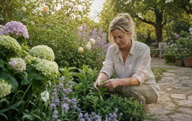 Person pflegt üppige Pflanzen in einem natürlich beleuchteten Garten; Thema Pfingstrosen, Schwerpunkt Standort; Umsetzung.