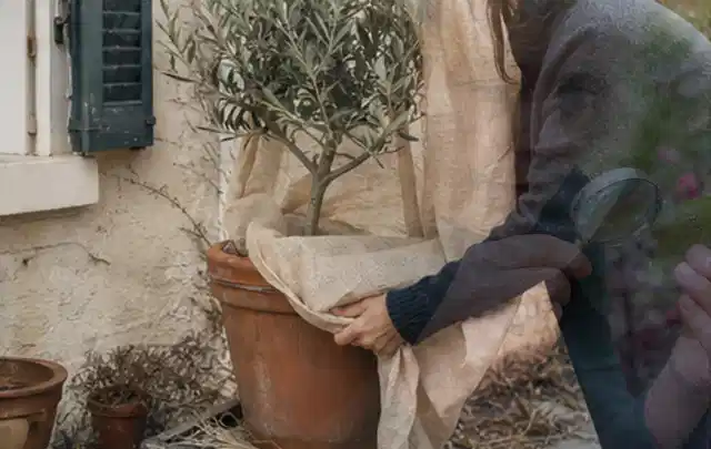 Person umhüllt eine mediterrane Kübelpflanze mit atmungsaktivem Winterschutz; Thema Pfingstrosen, Schwerpunkt Topfkultur; Umsetzung.