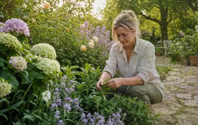 Person pflegt üppige Pflanzen in einem natürlich beleuchteten Garten; Thema Pfingstrosen, Schwerpunkt Wachstum; Praxisalltag.