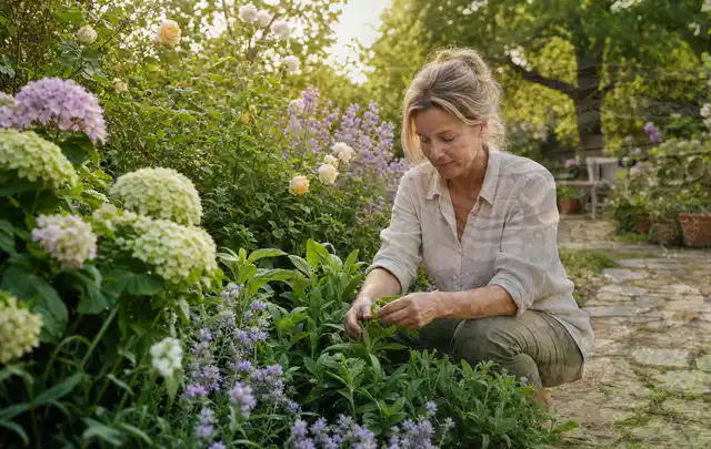 Person pflegt üppige Pflanzen in einem natürlich beleuchteten Garten; Thema Pfingstrosen, Schwerpunkt Winterpflege; Umsetzung.