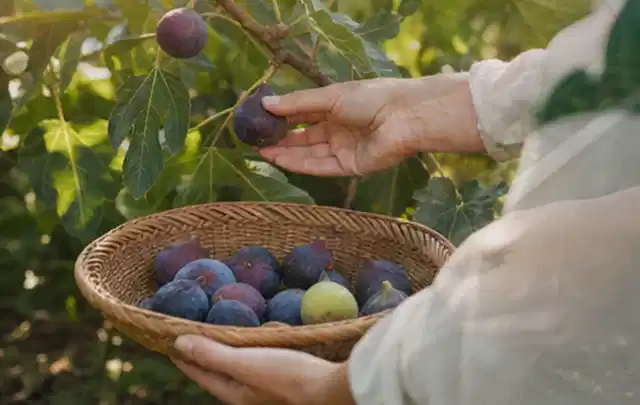 Hand pflückt eine reife Feige über einem flachen Korb mit Früchten; Thema Pfirsiche, Schwerpunkt Ernte; Kontrolle.