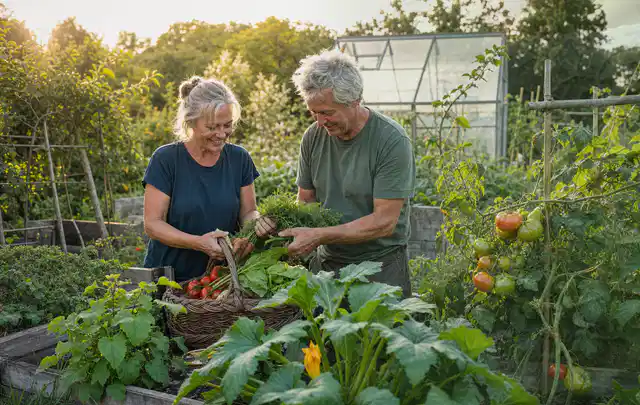 Zwei Personen ernten gemeinsam Gemüse in einem sonnigen Nutzgarten; Thema Pfirsiche, Schwerpunkt Gesundheit; Ausgangslage.
