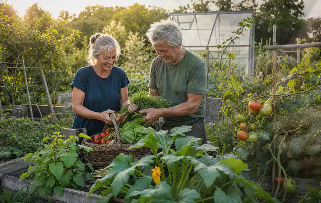Zwei Personen ernten gemeinsam Gemüse in einem sonnigen Nutzgarten; Thema Pfirsiche, Schwerpunkt Gewächshaus; Kontrolle.