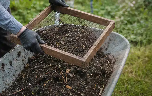 Behandschuhte Hände sieben reifen Kompost über einer Gartenschubkarre; Thema Pfirsiche, Schwerpunkt Hochbeet; Kontrolle.