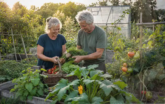 Zwei Personen ernten gemeinsam Gemüse in einem sonnigen Nutzgarten; Thema Pfirsiche, Schwerpunkt Hochbeet; Ergebnis.