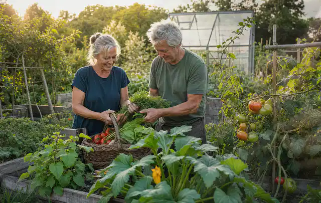 Zwei Personen ernten gemeinsam Gemüse in einem sonnigen Nutzgarten; Thema Pfirsiche, Schwerpunkt Lagerung; Praxisalltag.