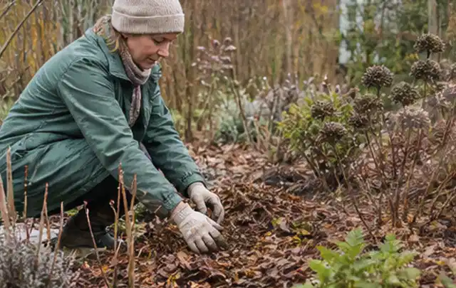 Person verteilt eine schützende Mulchschicht zwischen winterlichen Stauden; Thema Pflanzen, Schwerpunkt Themenwelt; Umsetzung.