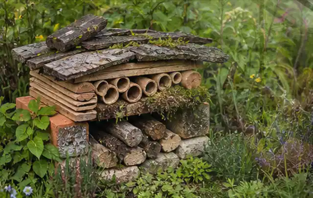 Naturnaher Unterschlupf aus Holz Rinde und Pflanzenstängeln im Garten; Thema Pflanzenpilze, Schwerpunkt Bestimmung; Umsetzung.