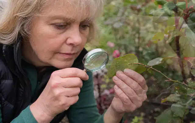 Person untersucht Blätter im Garten auf Schädlinge und Krankheitssymptome; Thema Pflanzenpilze, Schwerpunkt Bestimmung; Praxisalltag.