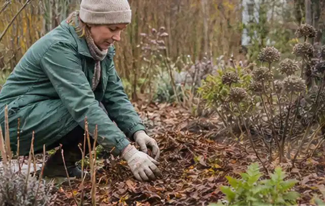 Person verteilt eine schützende Mulchschicht zwischen winterlichen Stauden; Thema Pflanzenpilze, Schwerpunkt Fehlerhilfe; Ausgangslage.