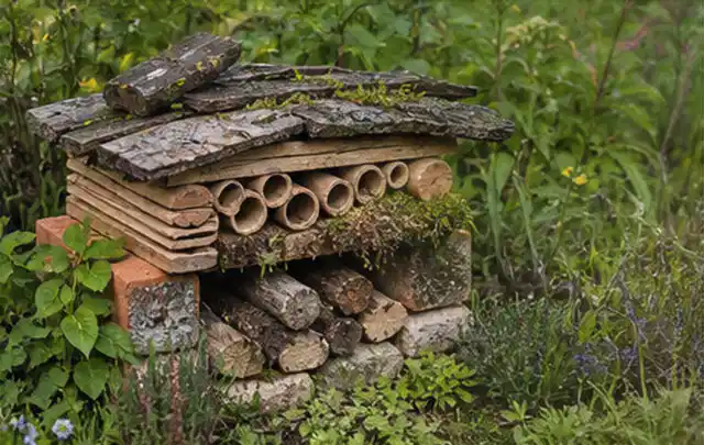 Naturnaher Unterschlupf aus Holz Rinde und Pflanzenstängeln im Garten; Thema Pflanzenpilze, Schwerpunkt Fehlerhilfe; Ergebnis.