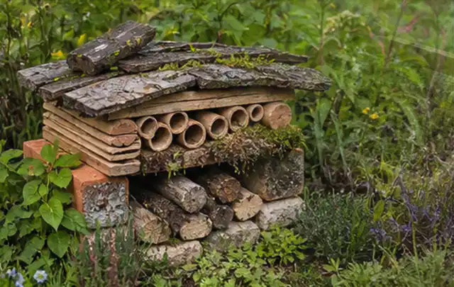 Naturnaher Unterschlupf aus Holz Rinde und Pflanzenstängeln im Garten; Thema Pflanzenpilze, Schwerpunkt Giftfreie Hilfe; Umsetzung.