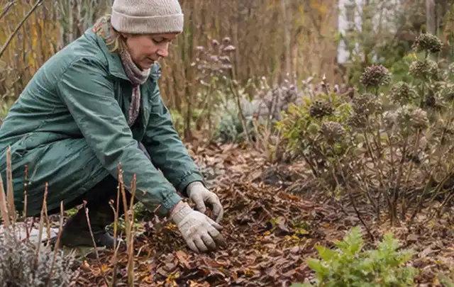 Person verteilt eine schützende Mulchschicht zwischen winterlichen Stauden; Thema Pflanzenpilze, Schwerpunkt Natürliche Bekämpfung; Ergebnis.