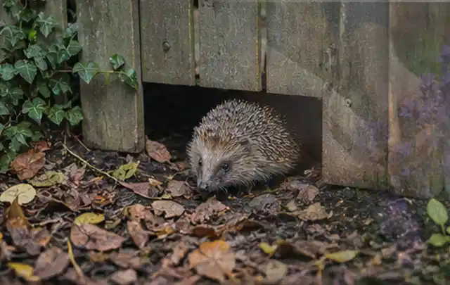 Igel nutzt einen bodennahen Durchgang unter einem hölzernen Gartenzaun; Thema Pflanzenpilze, Schwerpunkt Pflanzenhilfe; Ausgangslage.