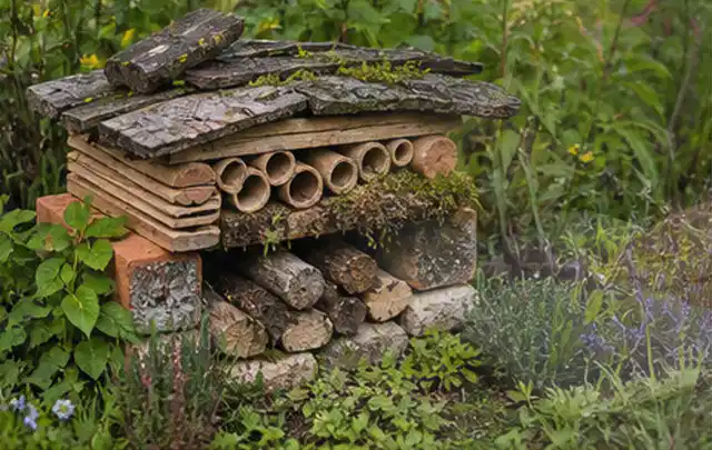 Naturnaher Unterschlupf aus Holz Rinde und Pflanzenstängeln im Garten; Thema Pflanzenpilze, Schwerpunkt Pflanzenhilfe; Umsetzung.