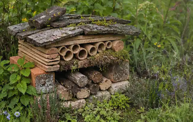 Naturnaher Unterschlupf aus Holz Rinde und Pflanzenstängeln im Garten; Thema Pflanzenpilze, Schwerpunkt Saison; Umsetzung.