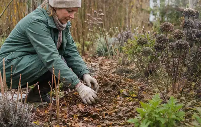 Person verteilt eine schützende Mulchschicht zwischen winterlichen Stauden; Thema Pflanzenpilze, Schwerpunkt Schadbild; Kontrolle.
