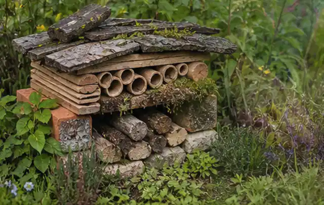 Naturnaher Unterschlupf aus Holz Rinde und Pflanzenstängeln im Garten; Thema Pflanzenpilze, Schwerpunkt Schadbild; Ergebnis.