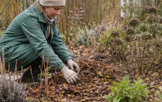 Person verteilt eine schützende Mulchschicht zwischen winterlichen Stauden; Thema Pflanzenpilze, Schwerpunkt Soforthilfe; Ausgangslage.