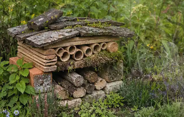 Naturnaher Unterschlupf aus Holz Rinde und Pflanzenstängeln im Garten; Thema Pflanzenpilze, Schwerpunkt Ursachen; Ergebnis.