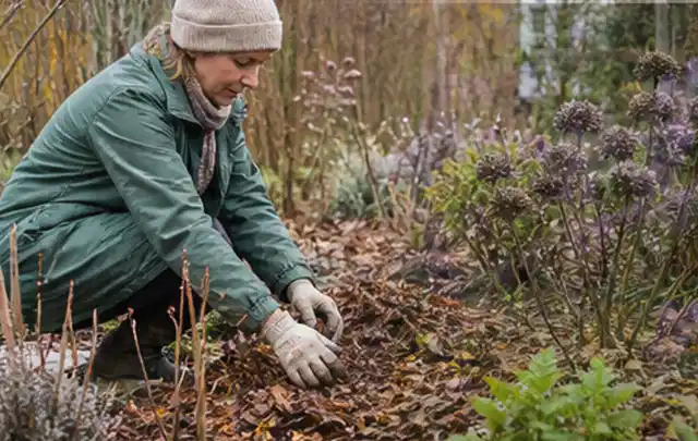 Person verteilt eine schützende Mulchschicht zwischen winterlichen Stauden; Thema Pflanzenpilze, Schwerpunkt Vorbeugung; Ausgangslage.