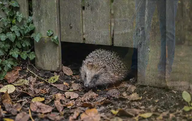Igel nutzt einen bodennahen Durchgang unter einem hölzernen Gartenzaun; Thema Pflanzenpilze, Schwerpunkt Vorbeugung; Praxisalltag.
