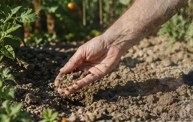 Hand prüft trockene krümelige Gartenerde während einer warmen Sommerphase; Thema Pflanzkalender, Schwerpunkt Ratgeber; Umsetzung.