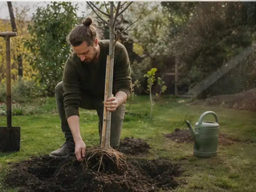 Person setzt einen jungen Zierbaum in ein vorbereitetes Pflanzloch im Garten; Thema Pflaumenbäume, Schwerpunkt Bewässerung; Titelbild.