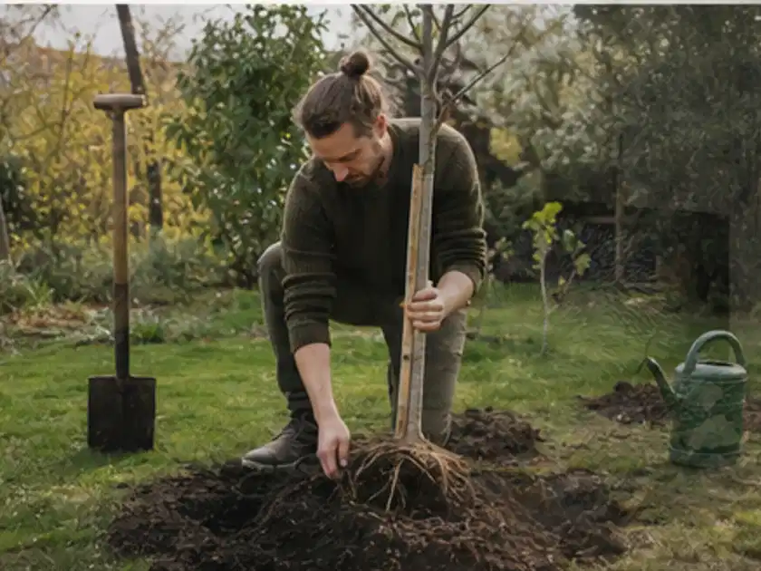Person setzt einen jungen Zierbaum in ein vorbereitetes Pflanzloch im Garten; Thema Pflaumenbäume, Schwerpunkt Boden; Titelbild.