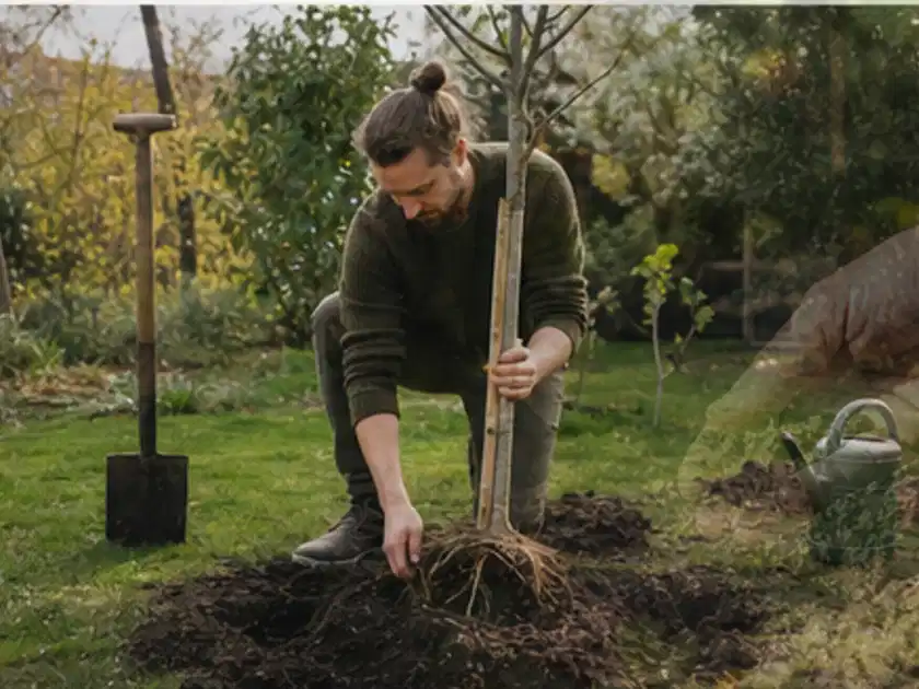 Person setzt einen jungen Zierbaum in ein vorbereitetes Pflanzloch im Garten; Thema Pflaumenbäume, Schwerpunkt Ernteprobleme; Titelbild.