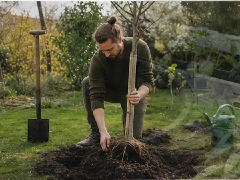Person setzt einen jungen Zierbaum in ein vorbereitetes Pflanzloch im Garten; Thema Pflaumenbäume, Schwerpunkt Fehlerhilfe; Titelbild.